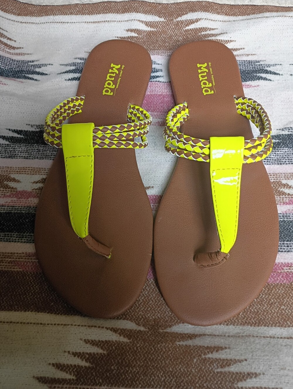 Mudd Neon Yellow Braided Toe-Post Sandals with Brown Footbed
